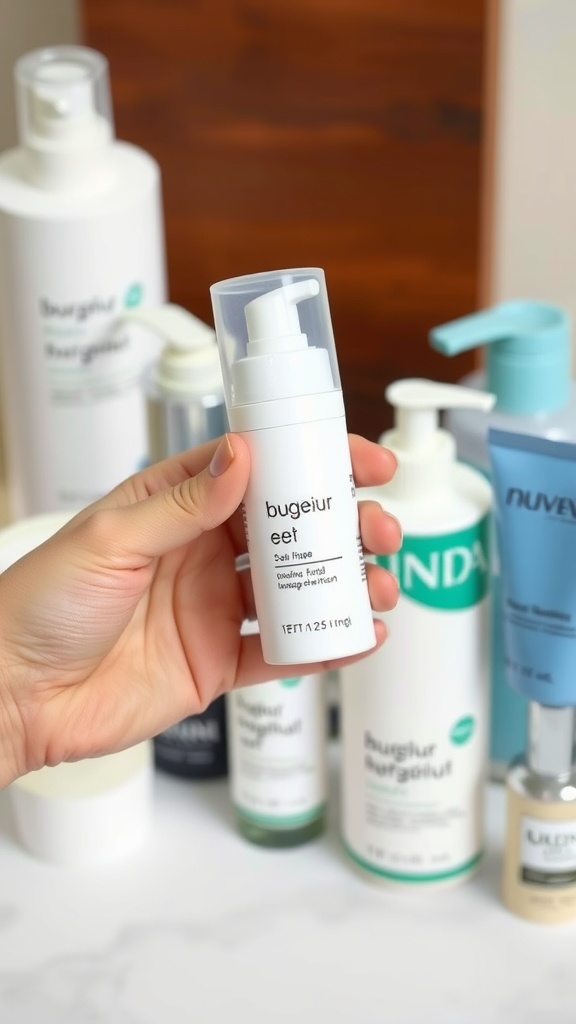 Hand holding a multi-use skincare product with various other skincare bottles in the background.