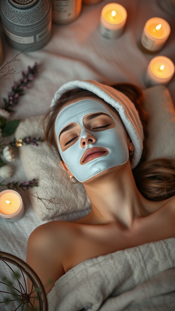 A woman with a calming face mask surrounded by candles and skincare products, promoting relaxation.