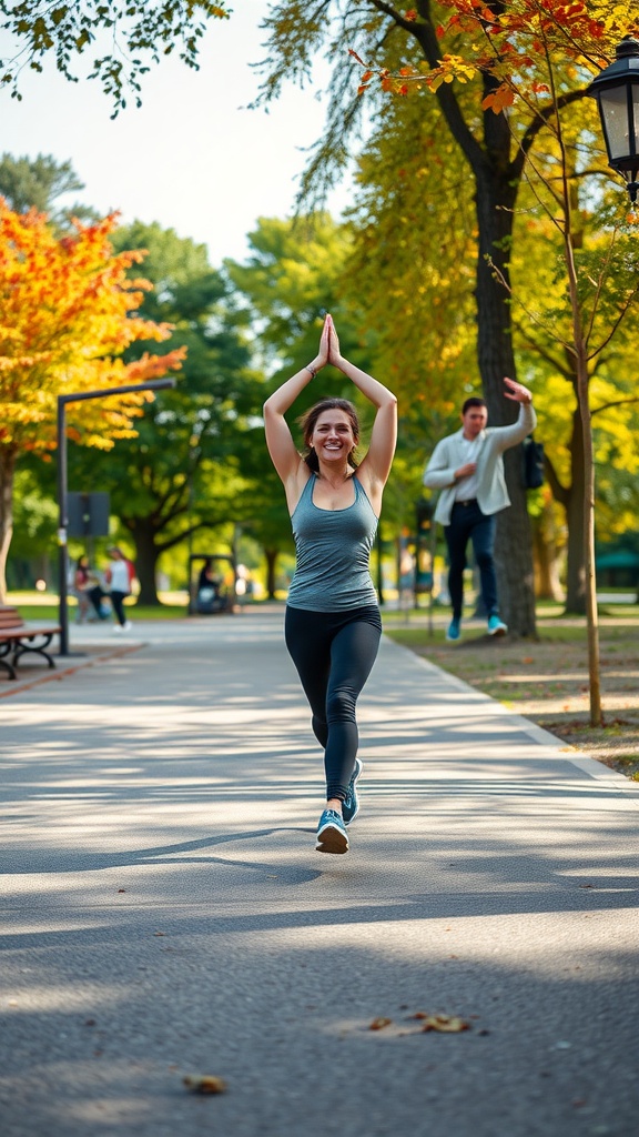 A person jogging joyfully in a colorful park during autumn.