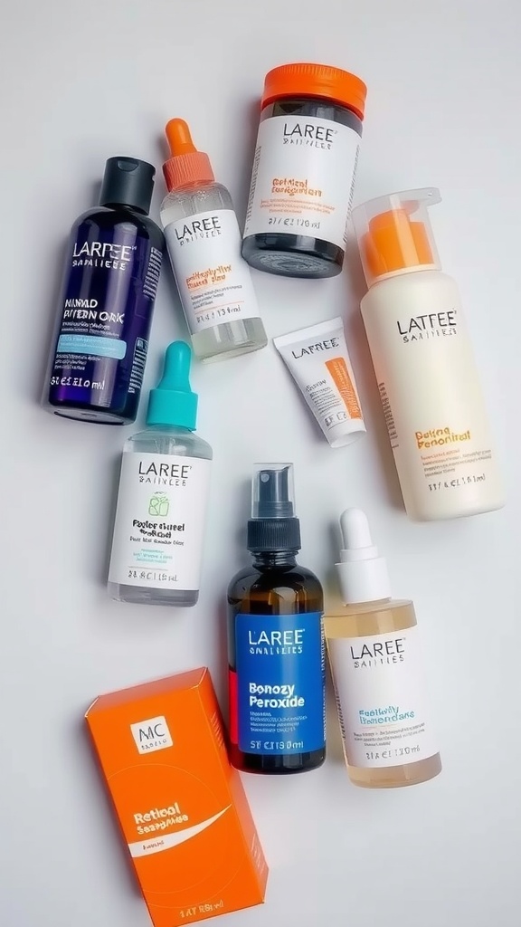 A variety of skincare products including serums and treatments for acne control.