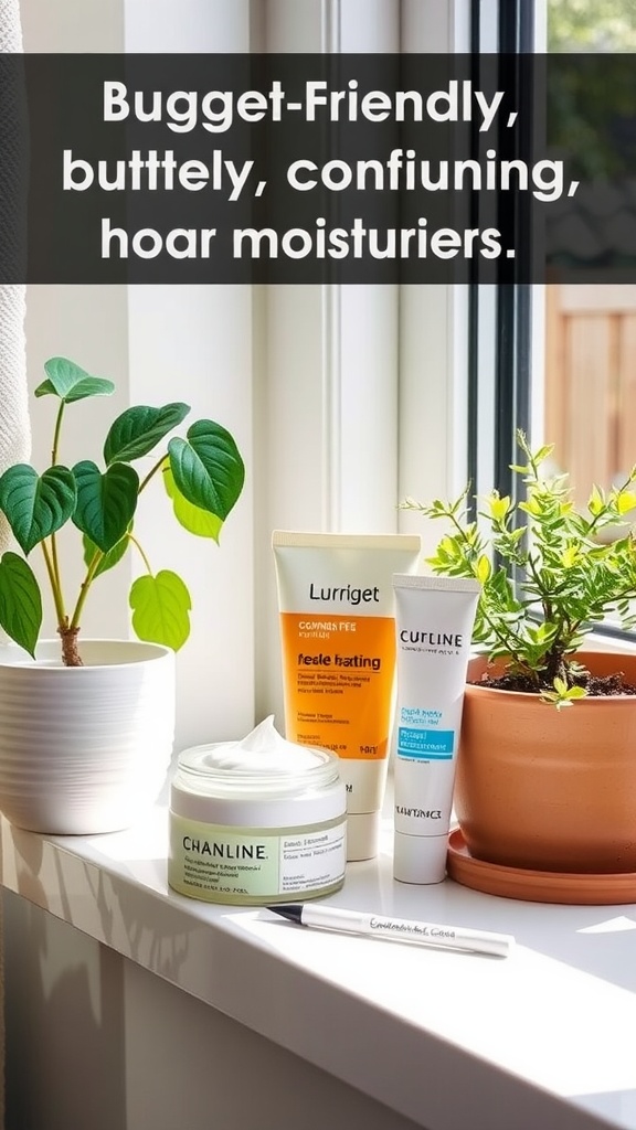 Three budget-friendly moisturizers displayed on a windowsill with plants.