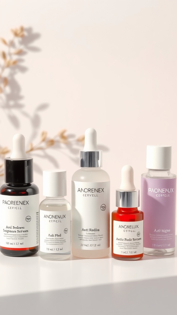 Selection of anti-redness serums displayed on a white surface with a plant shadow in the background