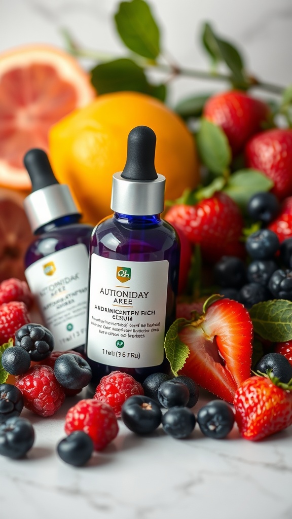 Bottles of antioxidant-rich serums surrounded by fresh fruits like strawberries, blueberries, and oranges