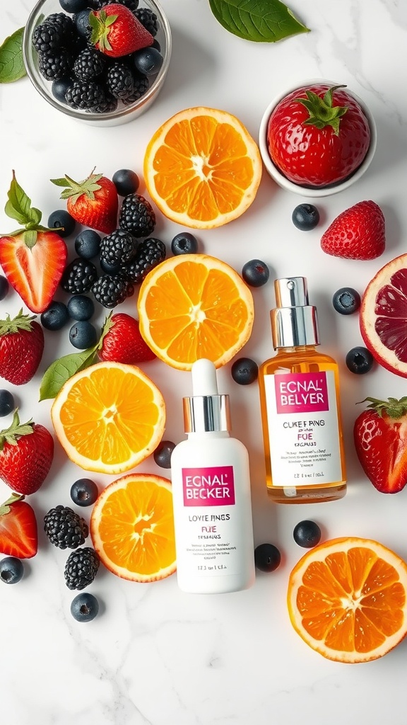 An assortment of fresh fruits and skincare products emphasizing the importance of antioxidants for skincare.