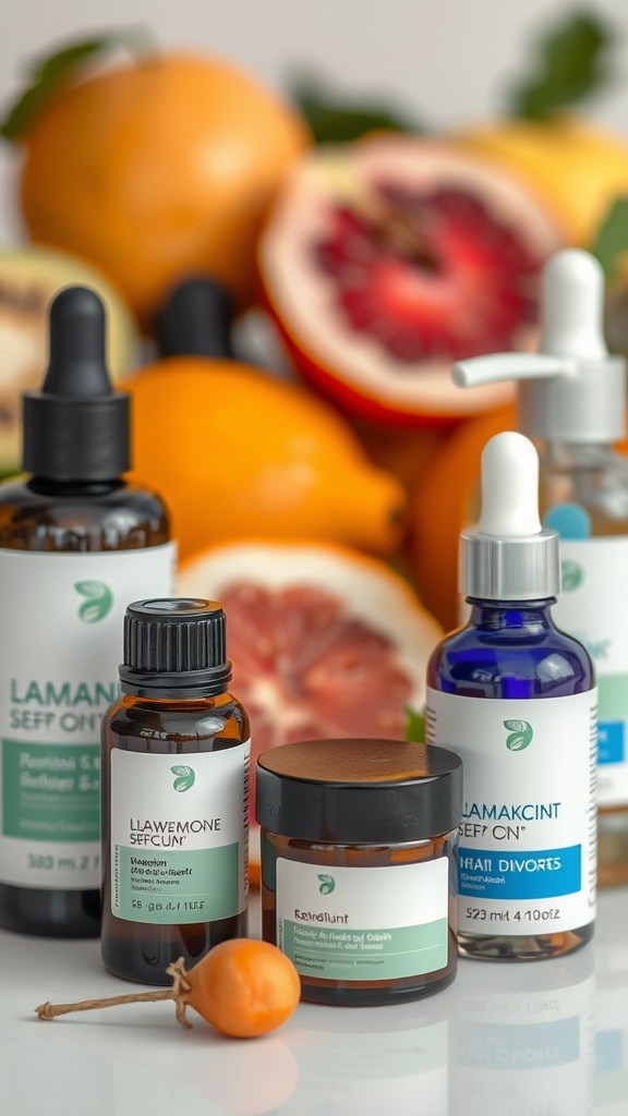 Skincare products with antioxidant ingredients displayed with vibrant fruits