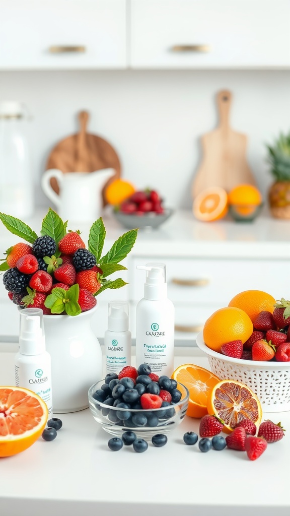A vibrant display of fresh fruits like strawberries, blueberries, and oranges alongside skincare products on a kitchen counter.