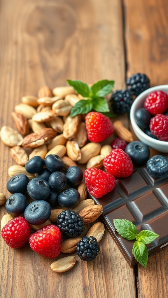 A colorful arrangement of berries, nuts, and dark chocolate on a wooden surface, showcasing antioxidant-rich foods.