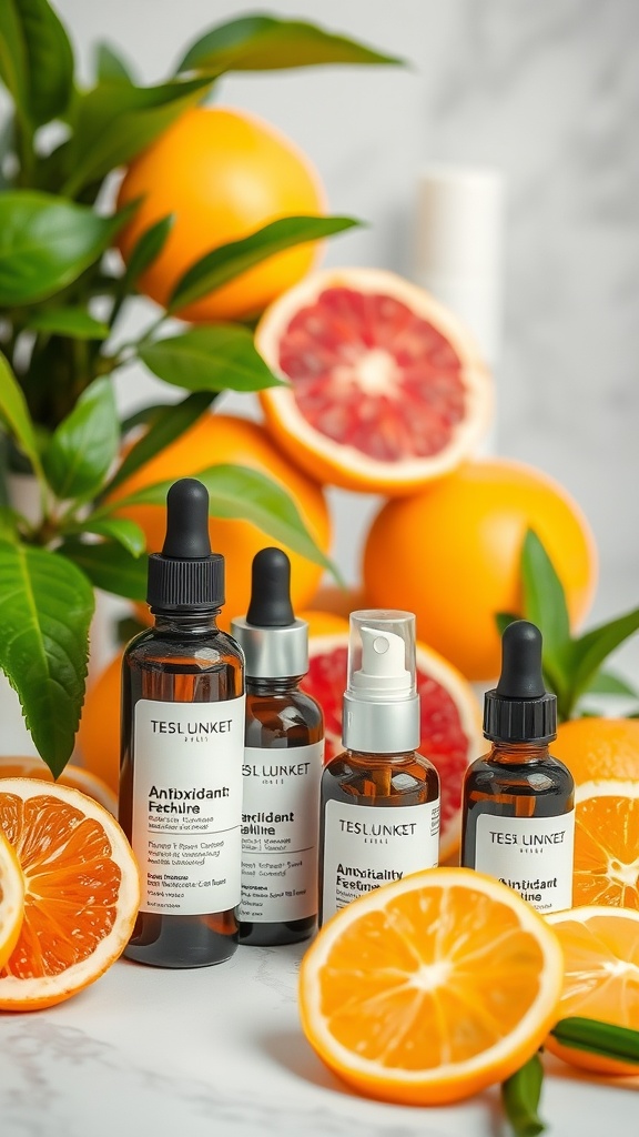 Various antioxidant serums displayed with fresh oranges and grapefruits.
