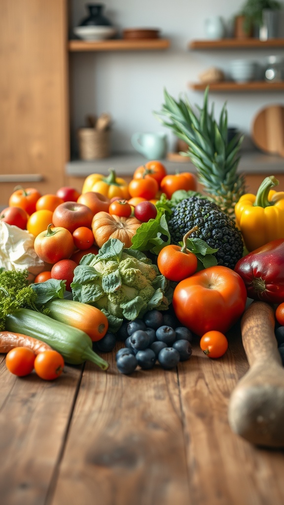 A colorful assortment of fruits and vegetables displayed on a wooden table, showcasing their vibrant colors and freshness.