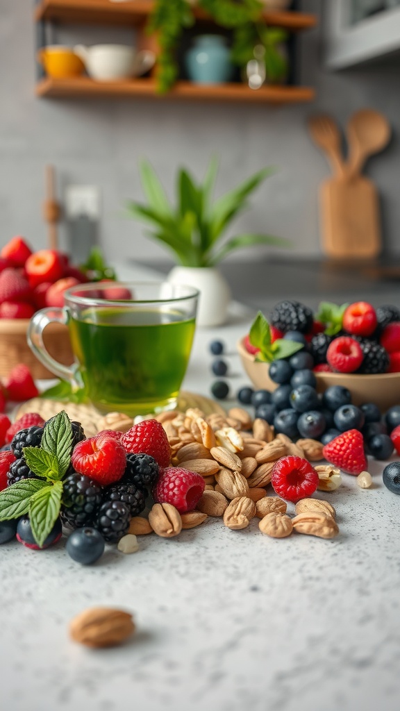 A variety of fresh berries, nuts, and a green drink displayed on a kitchen counter, illustrating healthy foods rich in antioxidants for skin care.
