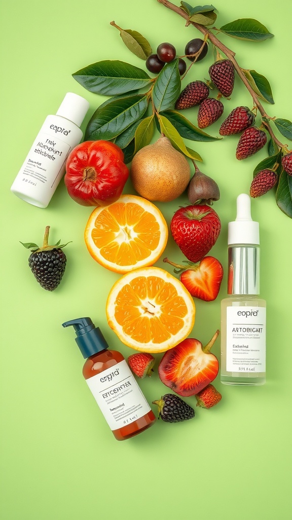 A collection of antioxidant-rich skincare products and fresh fruits on a green background, highlighting the importance of antioxidants for skin health.