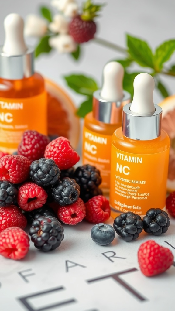 Vitamin C serums alongside fresh berries, showcasing antioxidants for skincare