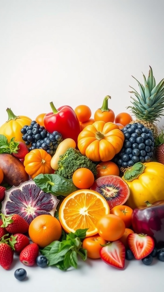 A vibrant assortment of fruits and vegetables, rich in antioxidants, including oranges, strawberries, blueberries, and broccoli, displayed on a light background.
