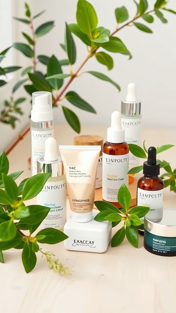 An assortment of skincare products arranged with green leaves in a natural setting.