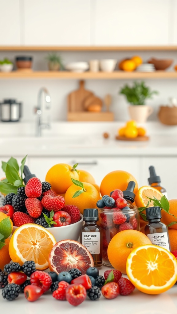 A variety of colorful fruits and skincare products arranged on a kitchen counter, showcasing the vibrant sources of antioxidants.