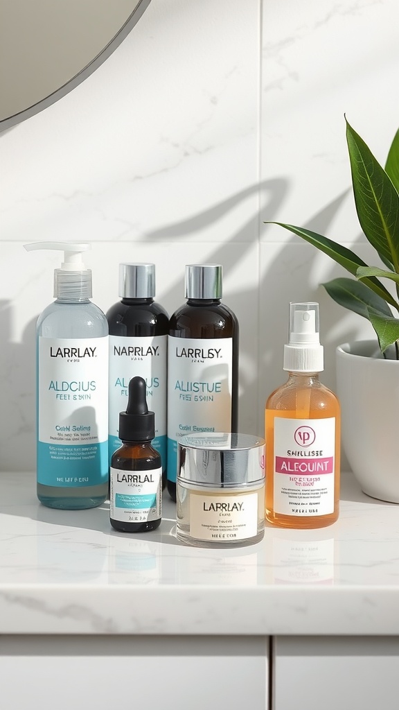 A collection of skincare products featuring jars and bottles in a bright bathroom setting.