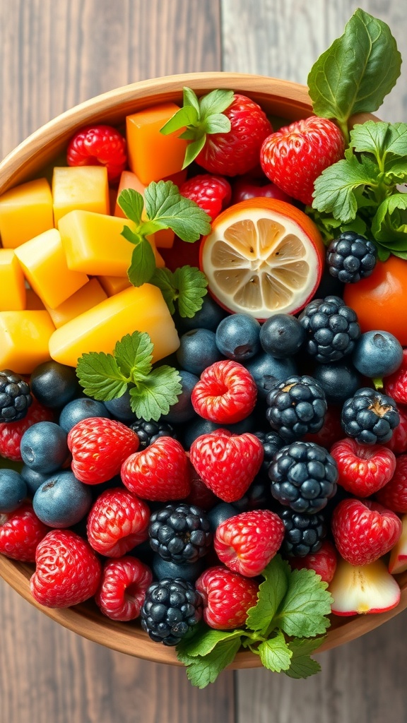 A colorful bowl filled with a variety of fresh fruits including strawberries, blueberries, raspberries, mango, and lemon, garnished with mint leaves.