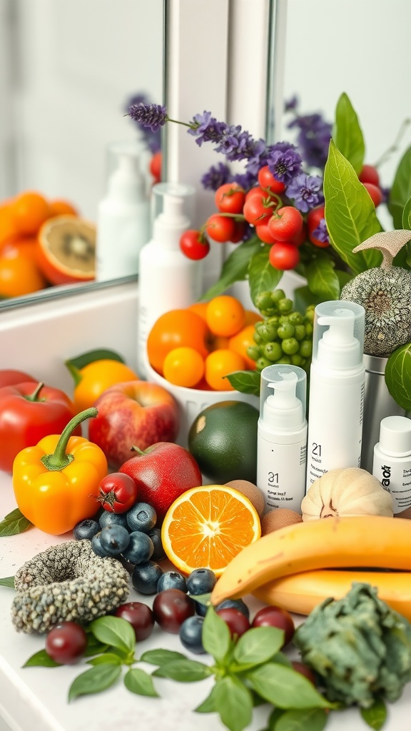 A collection of fruits, vegetables, and skincare products arranged on a bathroom counter, showcasing a healthy skincare routine.