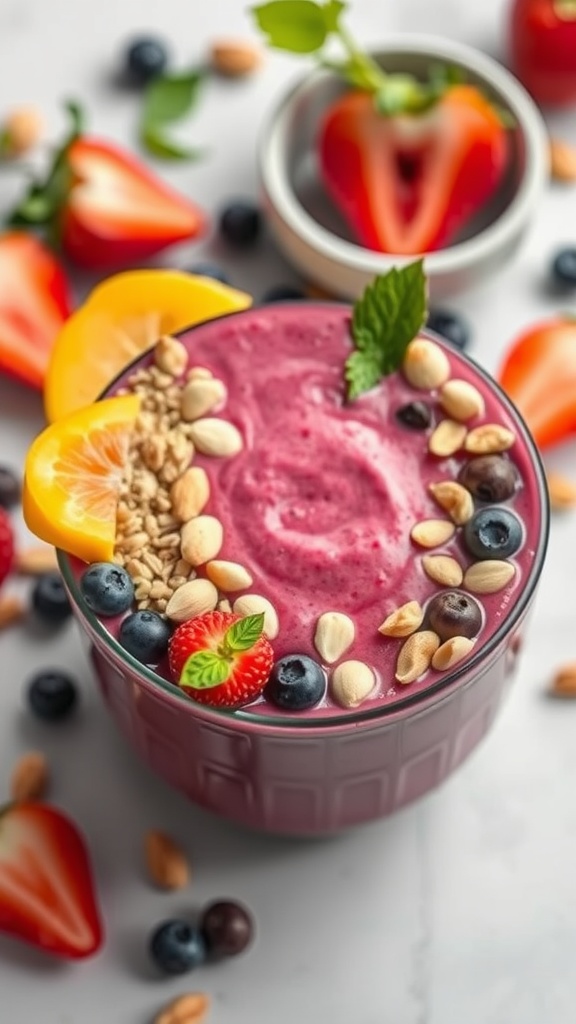 A colorful smoothie bowl topped with fruits, nuts, and seeds