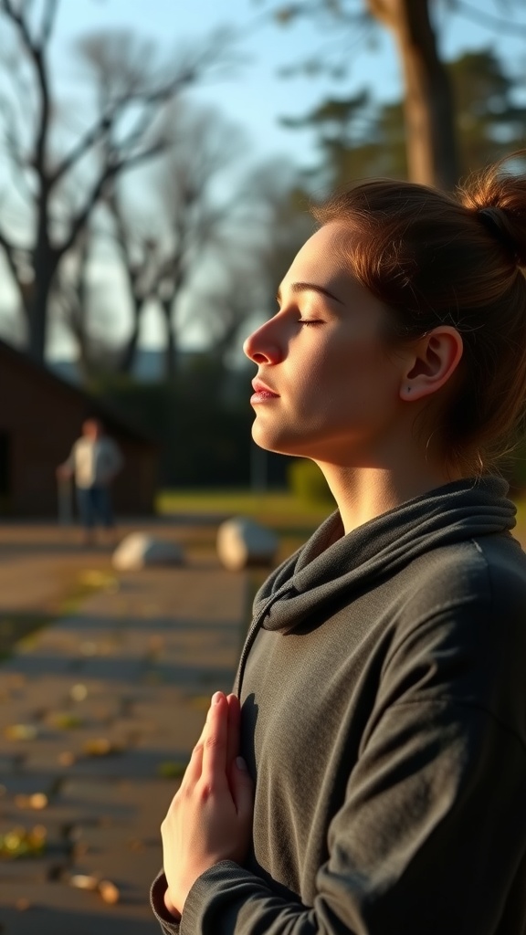A serene woman practicing breathing exercises in a natural setting.
