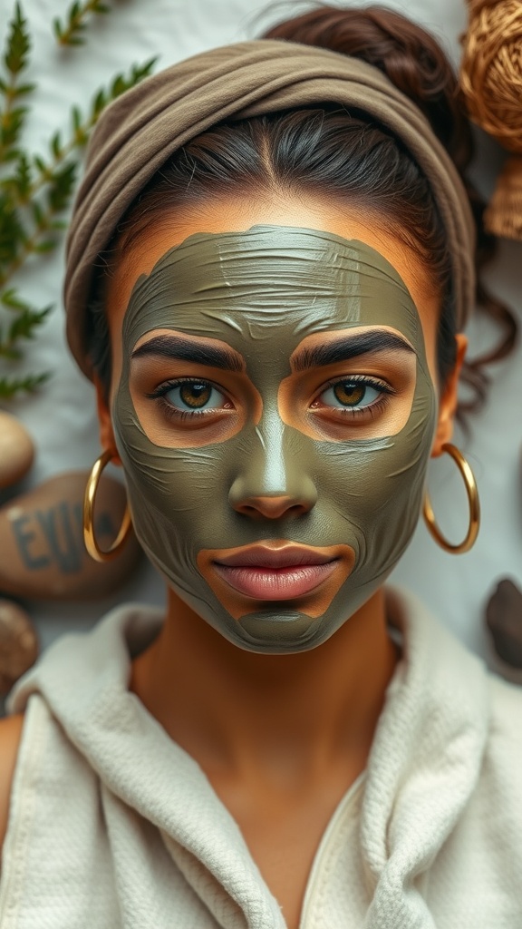 Person applying a green clay mask on their face, showcasing a natural skincare routine.
