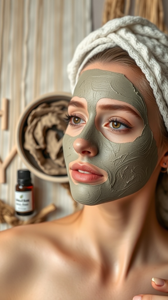 A person with a green clay mask on their face, wearing a head towel, surrounded by skincare products.