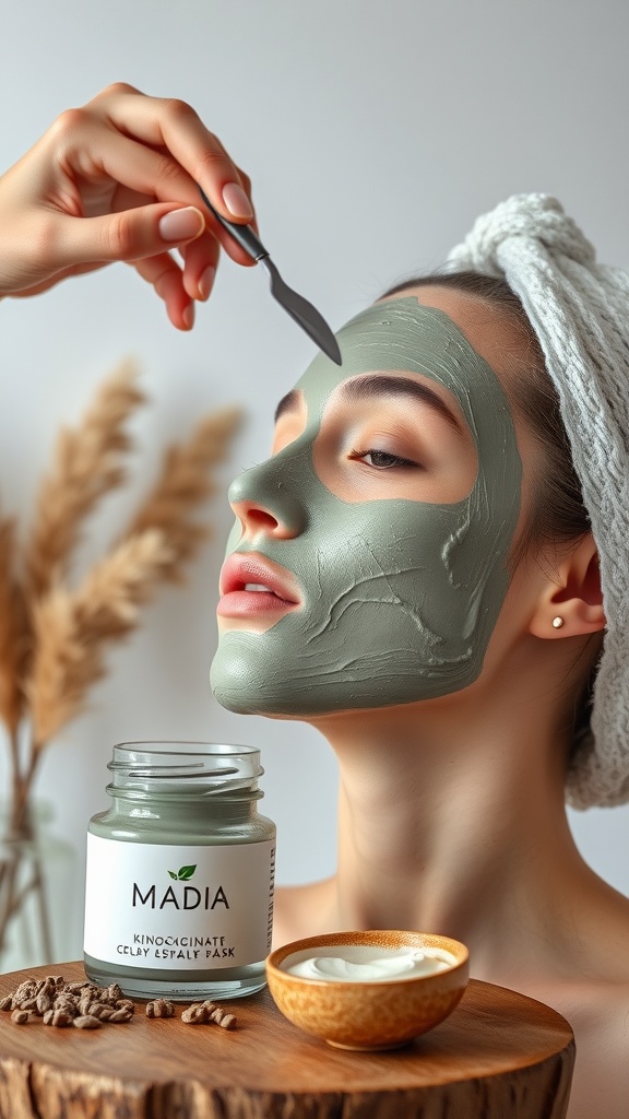 A person applying a green clay mask, showcasing the product jar and a small bowl of cream on a wooden surface.
