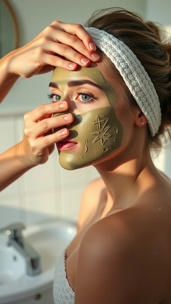 A woman applying a green clay mask on her face with assistance, showcasing skincare routine.