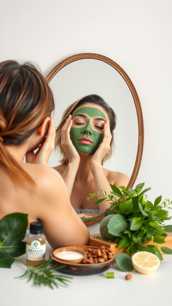 A person applying a green clay mask in front of a mirror, surrounded by plants and skincare products.
