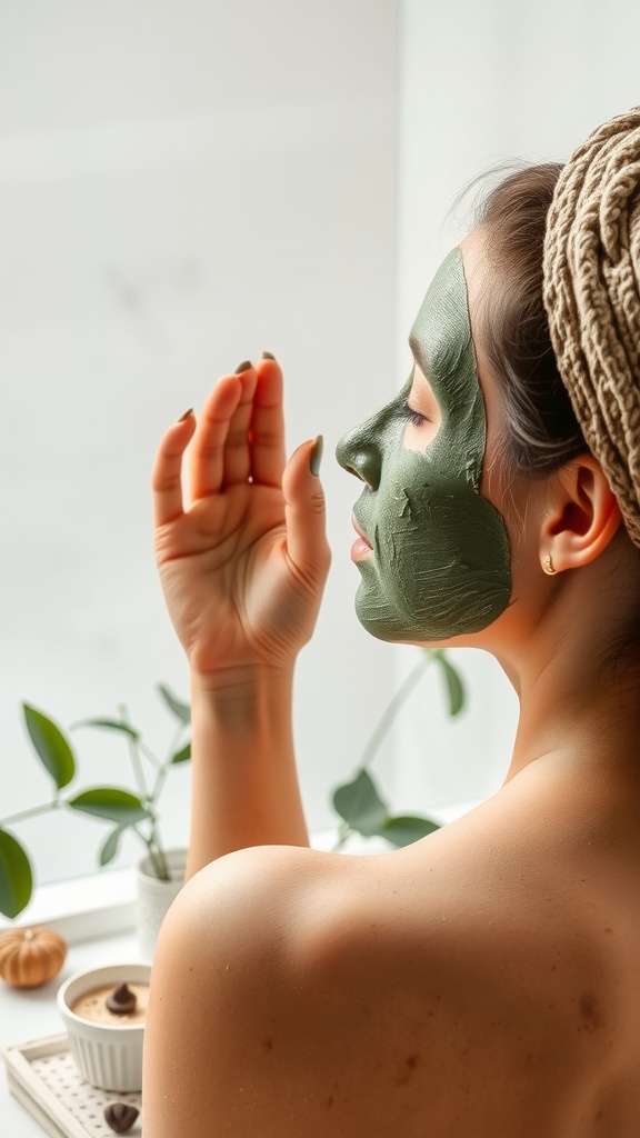 A person applying a green clay mask while looking in a mirror, surrounded by plants and skincare products.