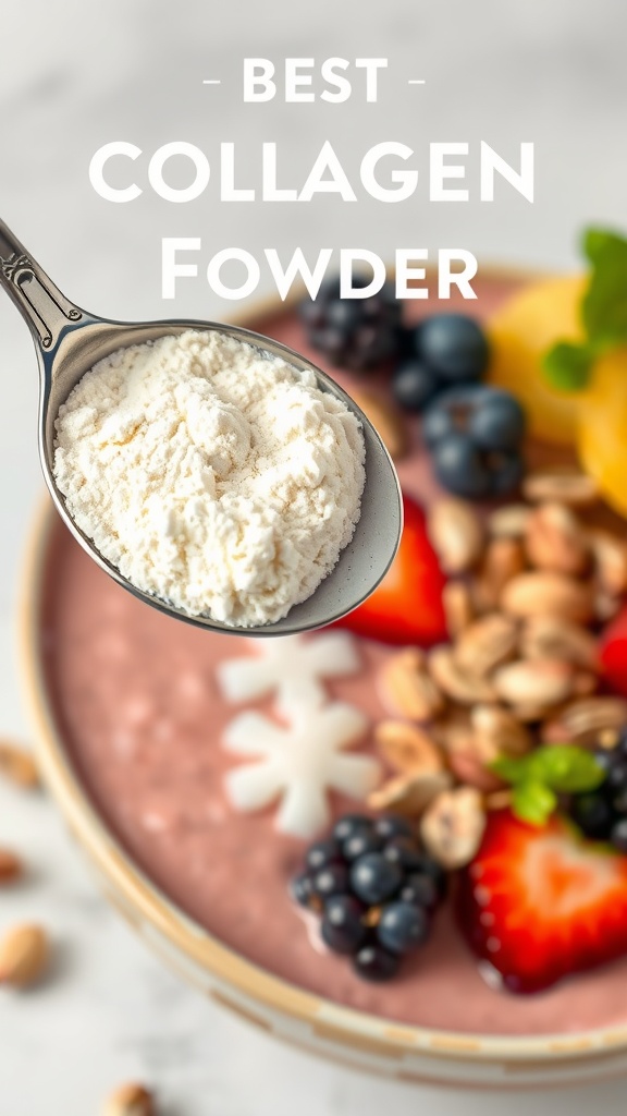 A spoonful of collagen powder over a smoothie bowl with fruits and nuts.