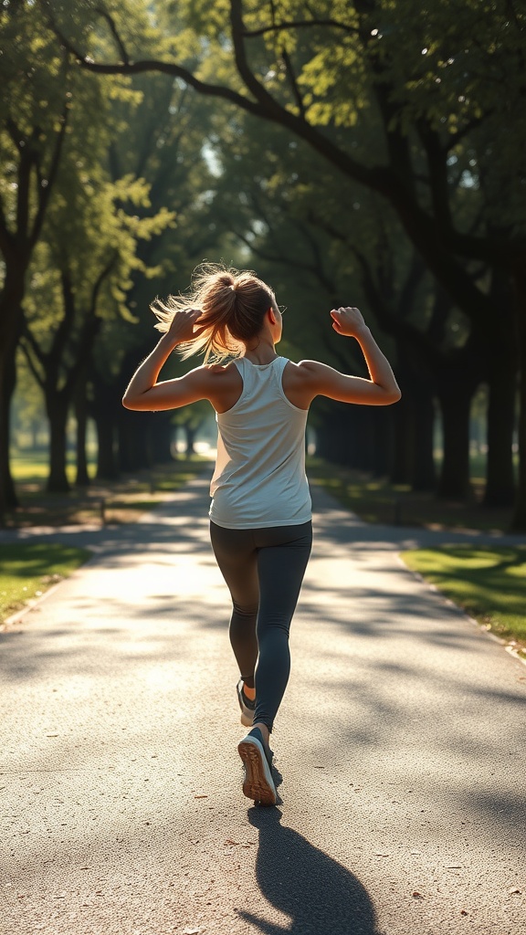 A woman jogging in a tree-lined park, showing the beauty of outdoor fitness.