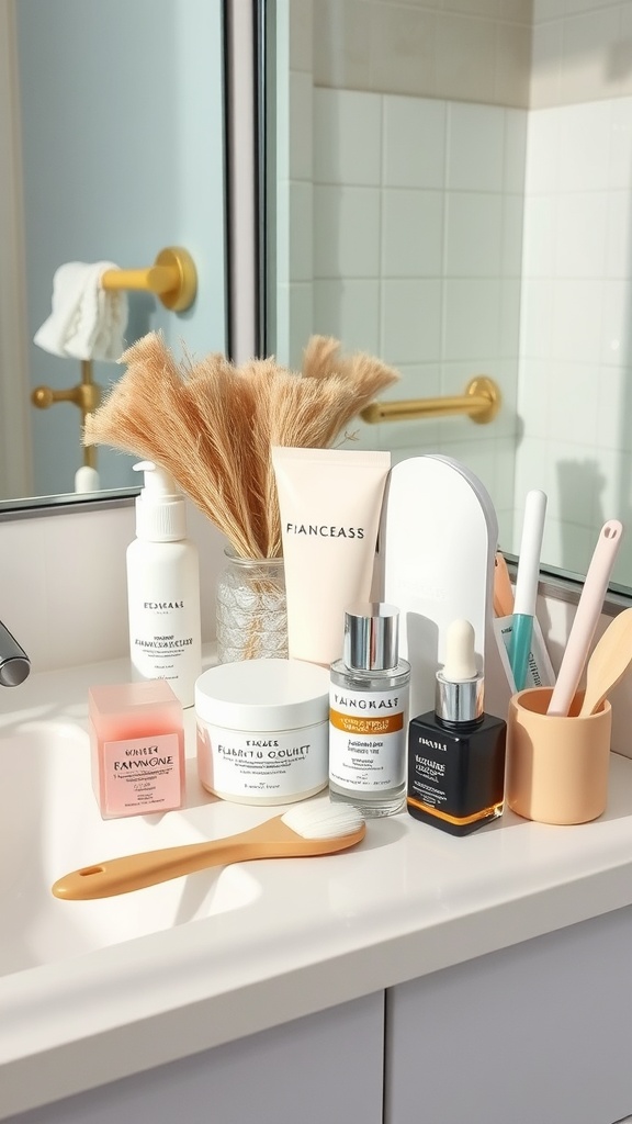 A well-organized bathroom countertop with skincare products for oily skin, including exfoliants and tools.