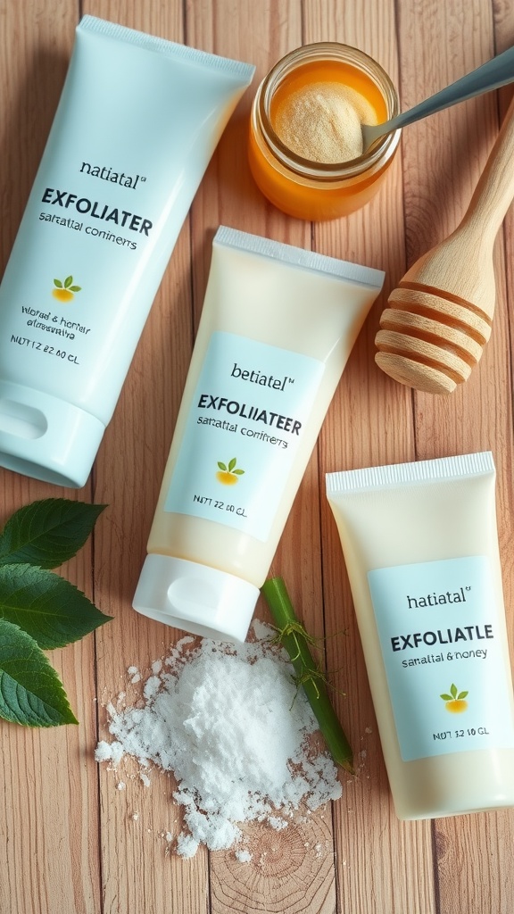 Three exfoliating products accompanied by honey and natural ingredients on a wooden surface.