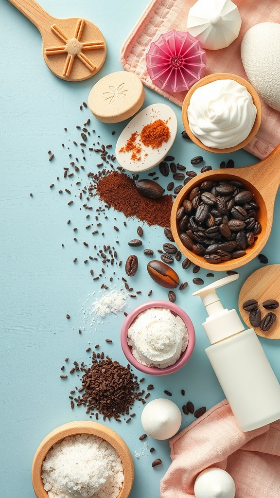 An assortment of natural exfoliating ingredients including coffee grounds, sea salt, and skincare products on a light blue surface.
