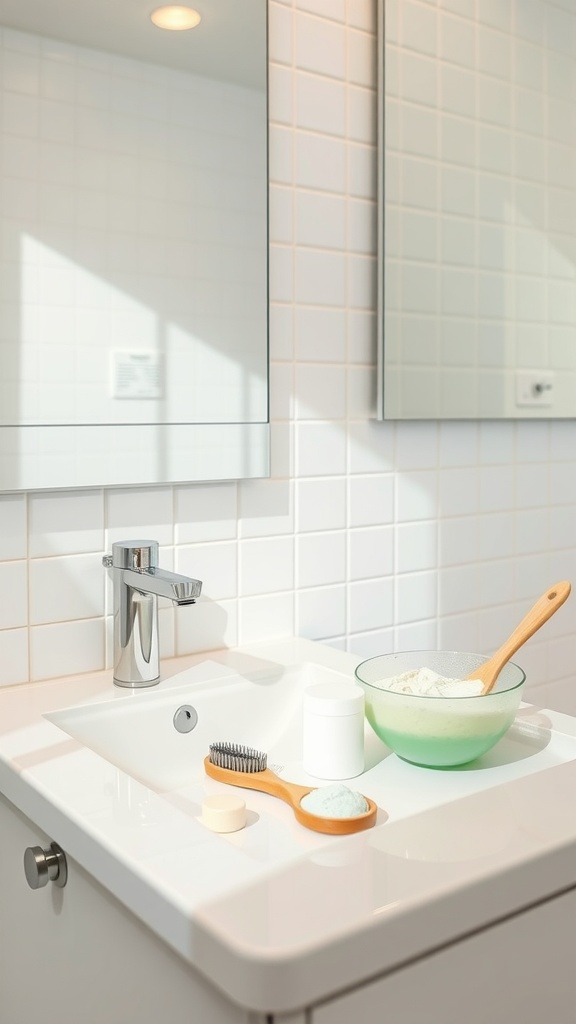 A clean sink area with skincare products for exfoliation, including a bowl and brushes.