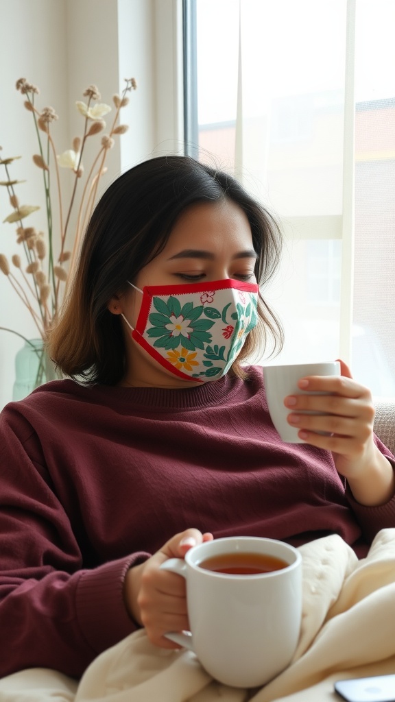 A person wearing a colorful face mask, sipping tea while relaxing indoors.