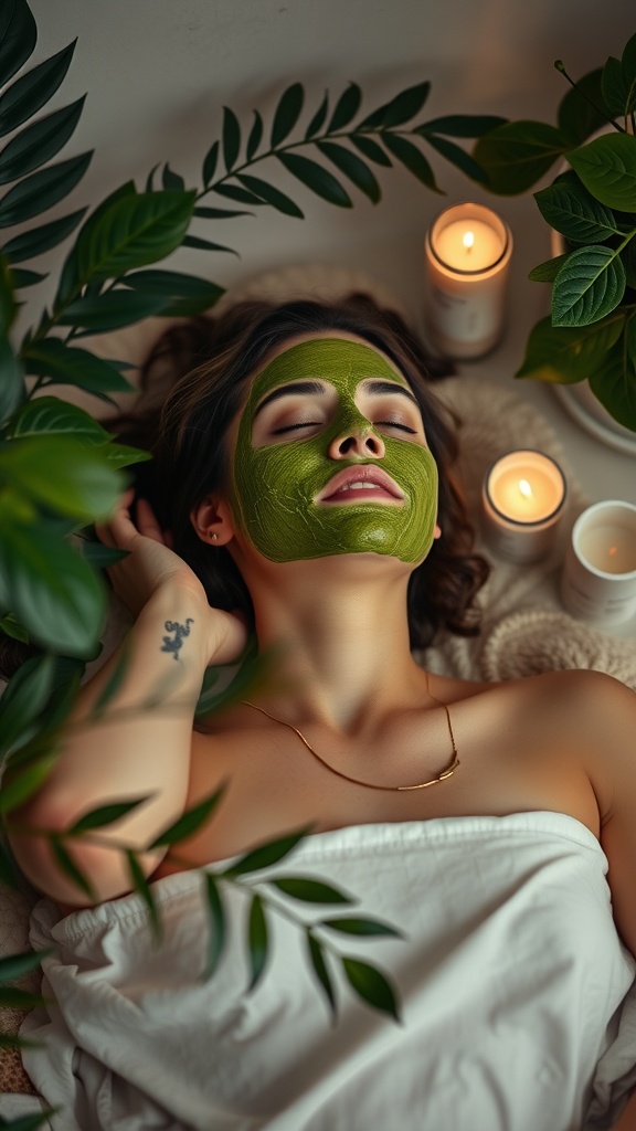 A person applying a green face mask while surrounded by candles and plants, creating a relaxing atmosphere.