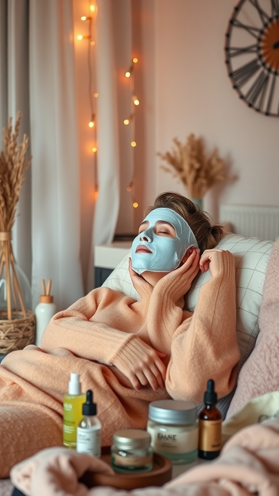 A woman relaxing with a blue face mask, surrounded by skincare products and warm lights.