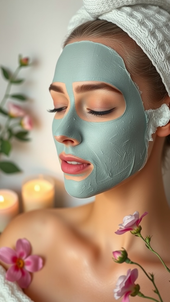 A person applying a green face mask, relaxing with flowers and candles around them.
