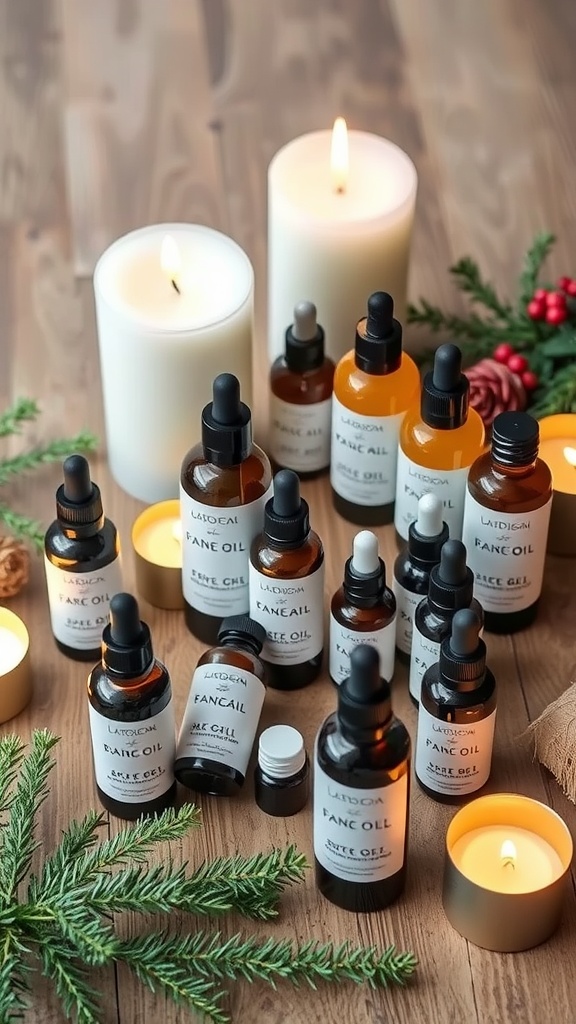 An assortment of various face oils and candles on a wooden surface, surrounded by pine and holiday decorations.