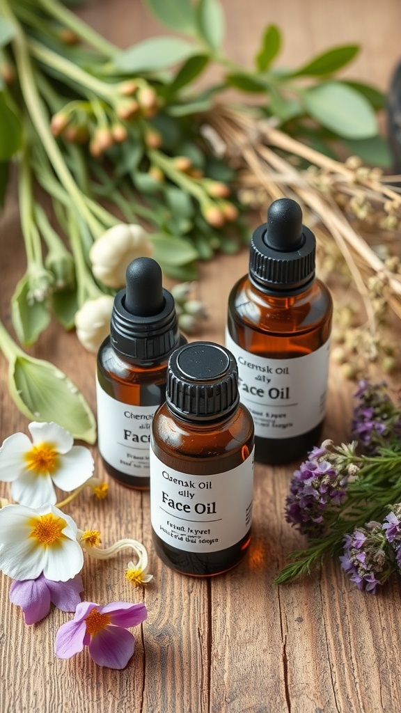 Bottles of face oil next to fresh flowers on a wooden surface