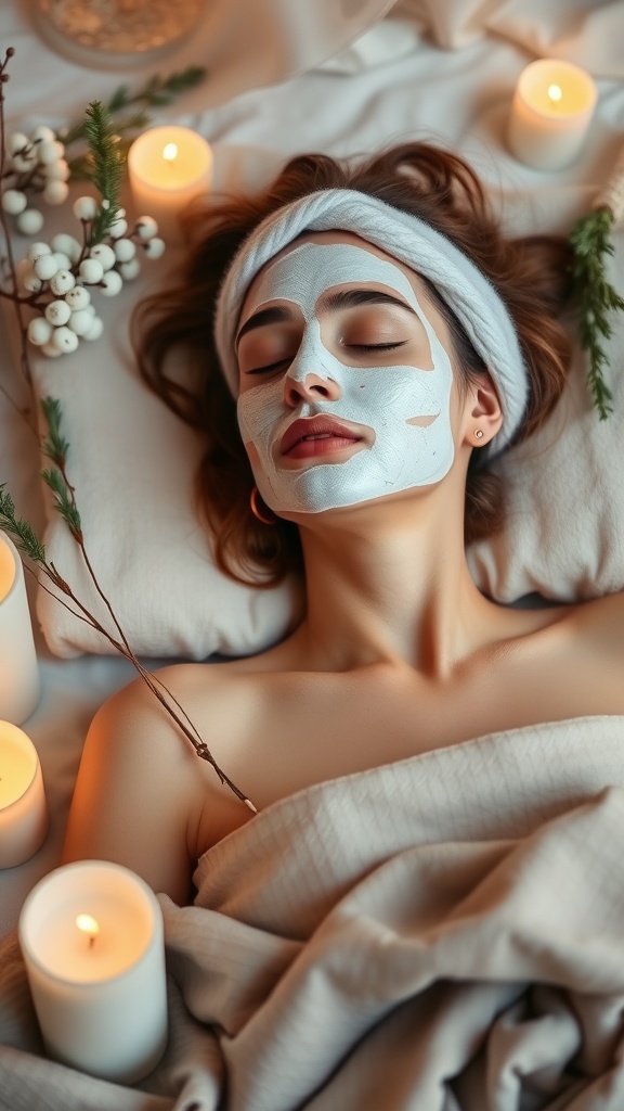 A woman relaxing with a facial mask surrounded by candles and greenery, representing self-care.