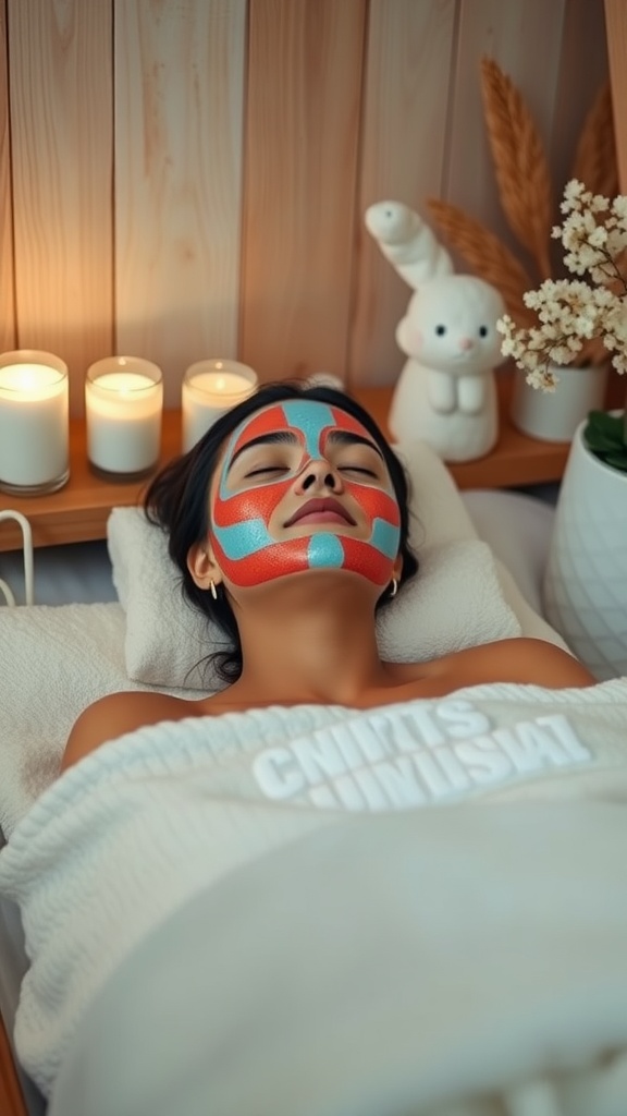 A person relaxing with a colorful facial mask on, surrounded by candles and soft decor.