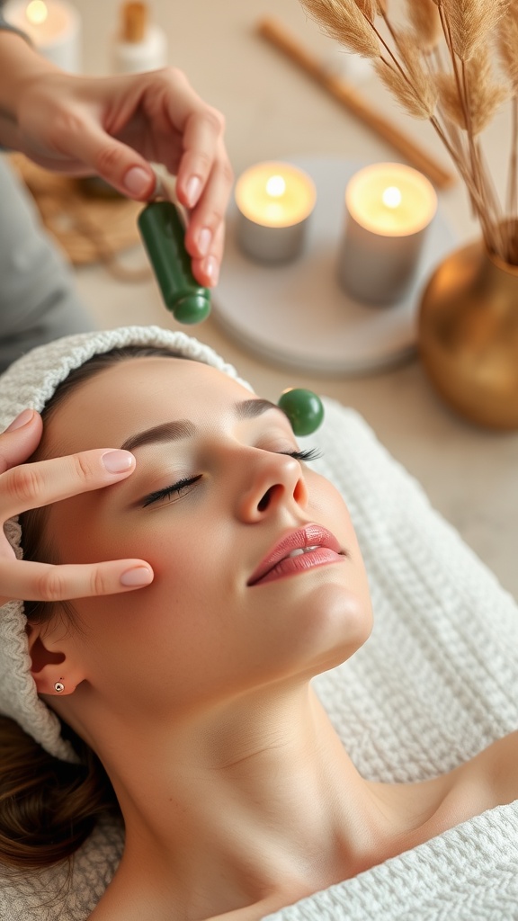 A woman receiving a facial massage with a jade roller, surrounded by calming candles and skincare products.