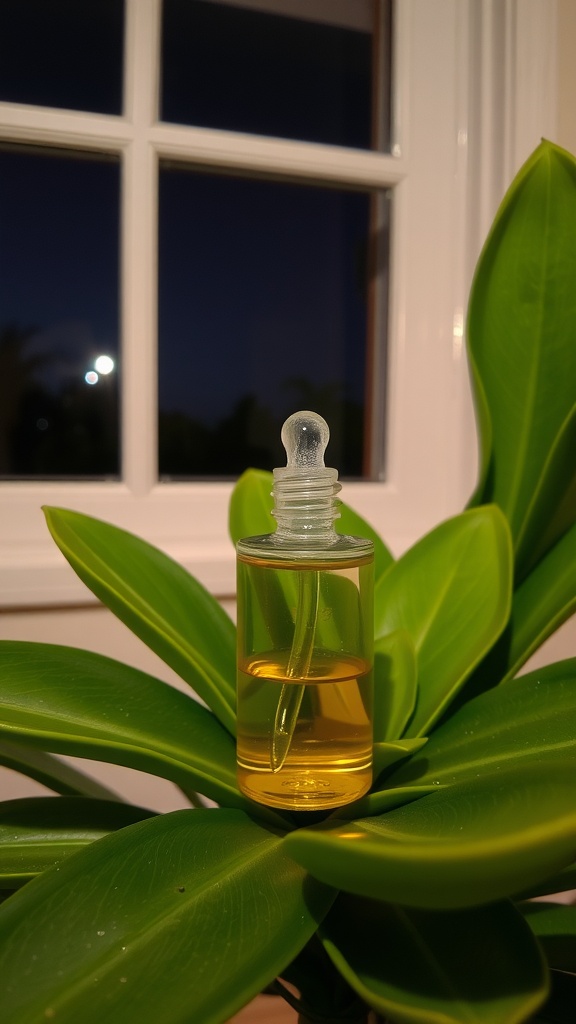 A bottle of facial oil on a green leaf with a window in the background