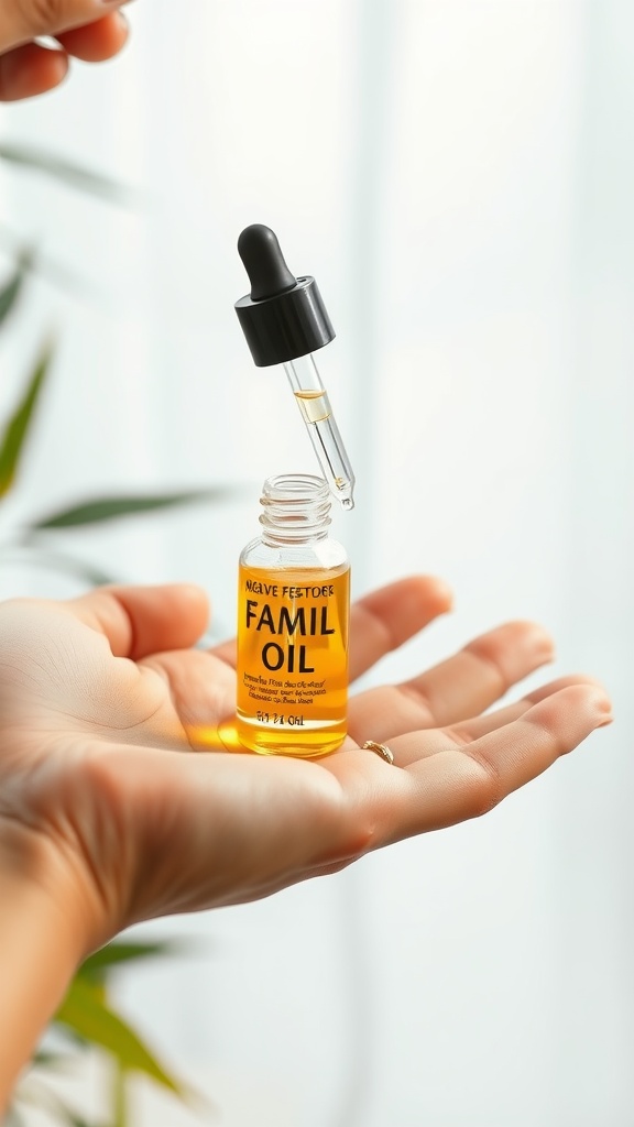 A hand holding a bottle of facial oil with a dropper.