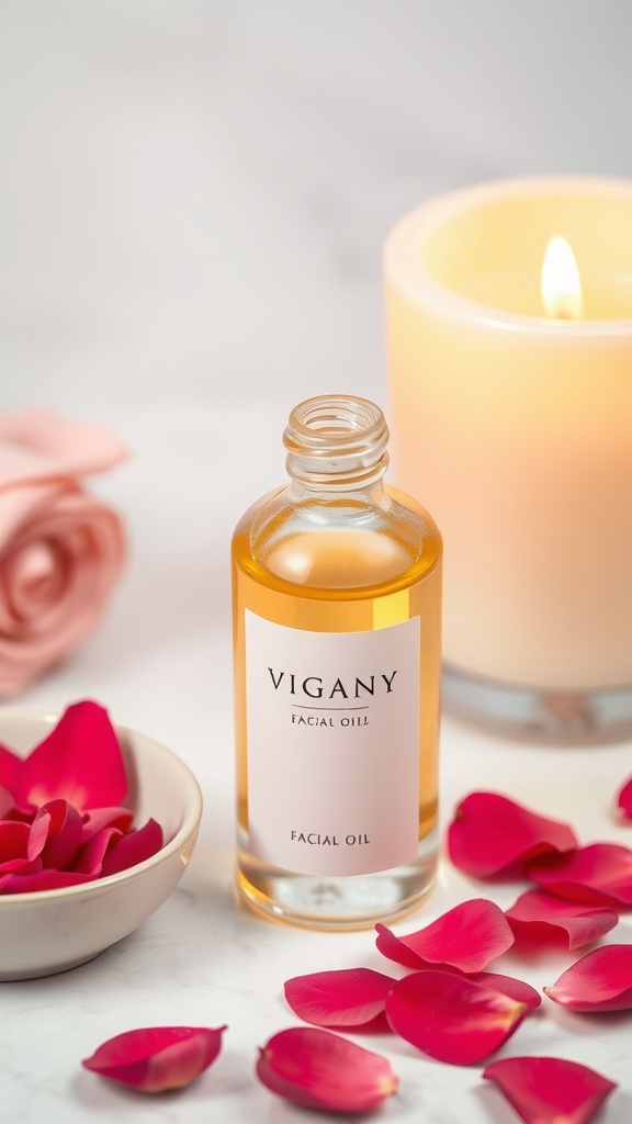 A bottle of Vigany Facial Oil surrounded by rose petals and a lit candle, creating a calming and inviting atmosphere.