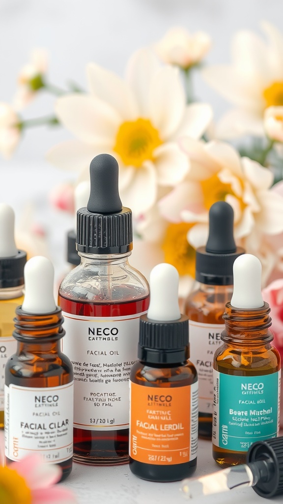 An assortment of facial oils in various bottles, surrounded by flowers.