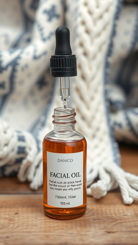 A close-up of a bottle of facial oil with a dropper, set against a cozy, textured background.